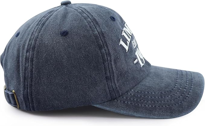 1974 embroidered navy baseball cap back view showing adjustable metal buckle closure birthday hat